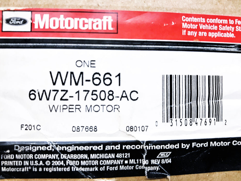 Motorcraft Ford OEM Wiper Motor WM-661 NOS