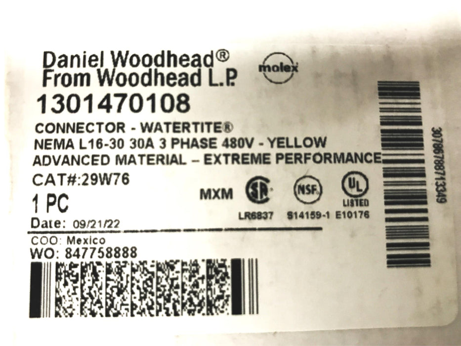 Woodhead Yellow Watertight Connector 1301470108 NOS