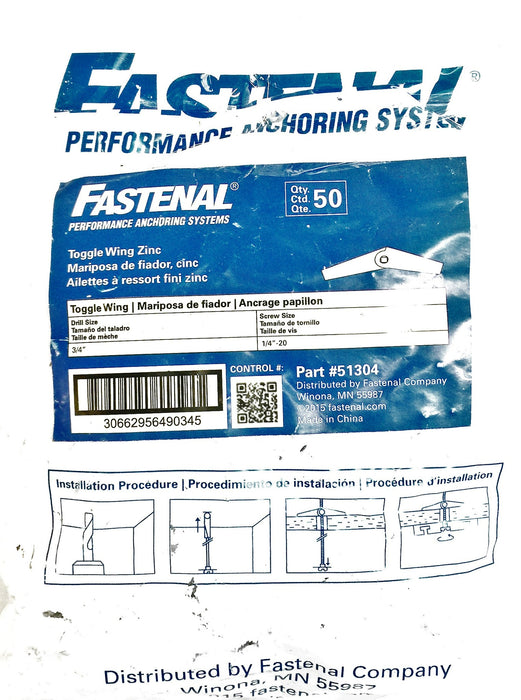 Fastenal 1/4" Toggle Wing Zinc 50 pcs. 51304 OEM NOS