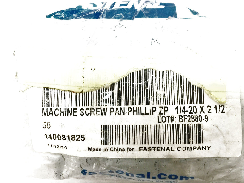 Fastenal 1/4"-20 x 2-1/2" Phillips Drive Pan Head ZP 50 pcs. 1129212 OEM NOS