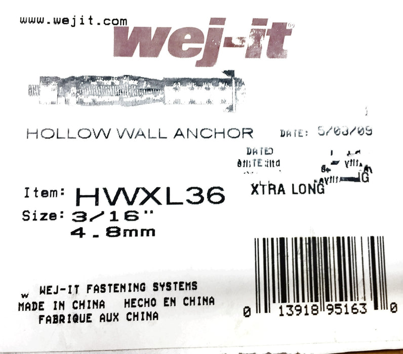 WEJ-IT 3/16" Hollow Wall Anchor 4.8mm HWXL36 [Lot of 81] NOS