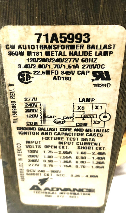 Advance Metal Halide Core Coil Ballast Kit Missing Capacitor 71A5993-001D NOS