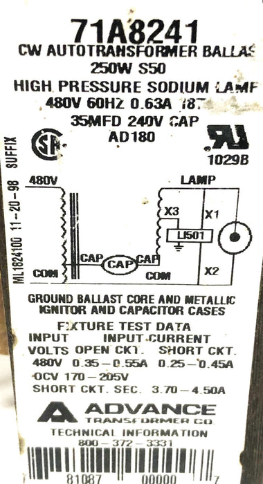 Advance HP Sodium Core And Coil Ballast Kit Missing Capacitor 71A8241-001D NOS