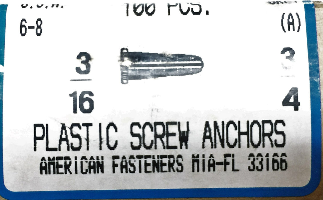 American Fasteners 3/16 X 3/4 Grey Plastic Wall Anchor 5325-07 (100pcs) NOS
