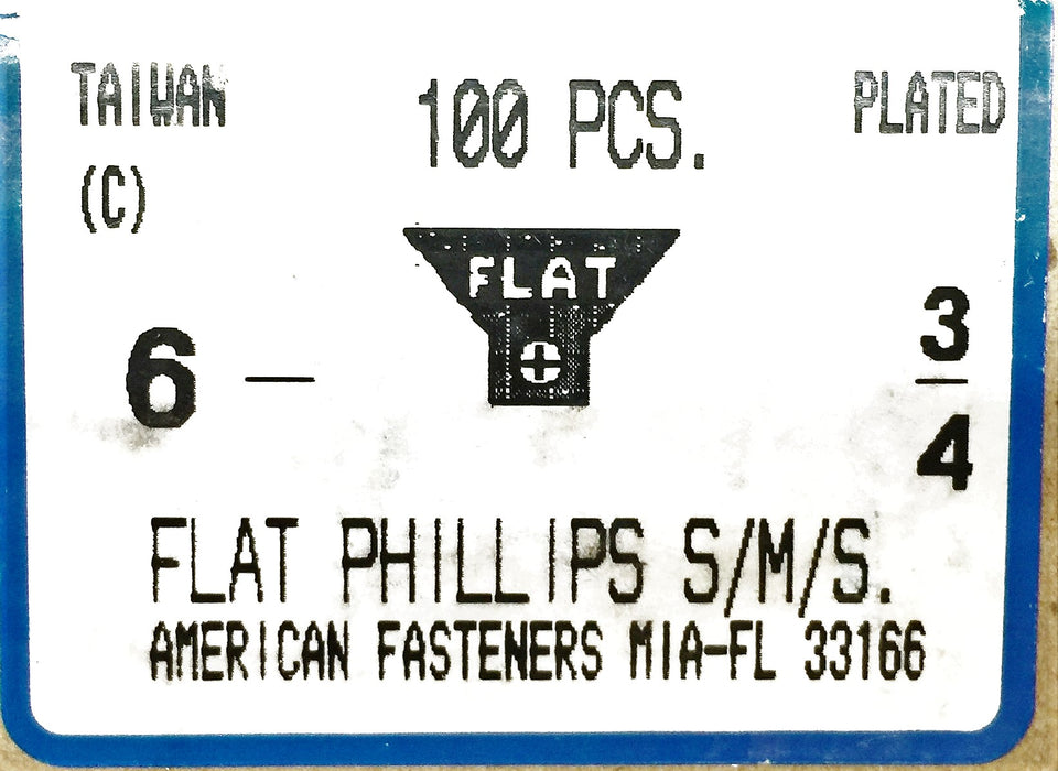 American Fasteners 6 X 3/4" Flat Phillips S/M/S 5305-50 (100pcs) NOS
