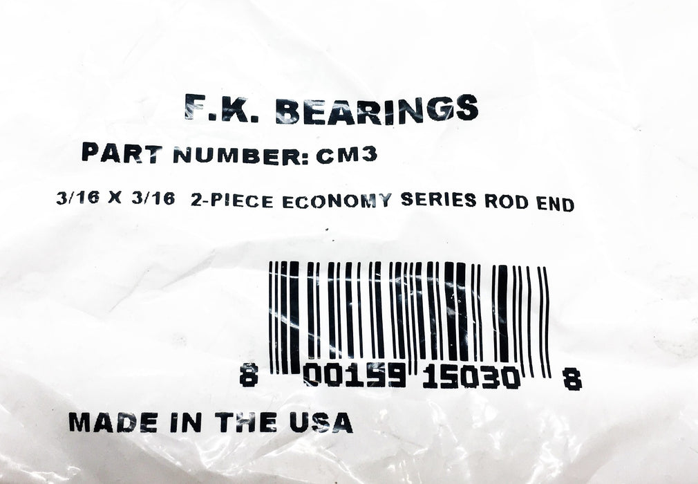 F.K. Bearings 3/16X3/16 Inch 2-Piece Economy Series Rod End CM3 [Lot of 2] NOS