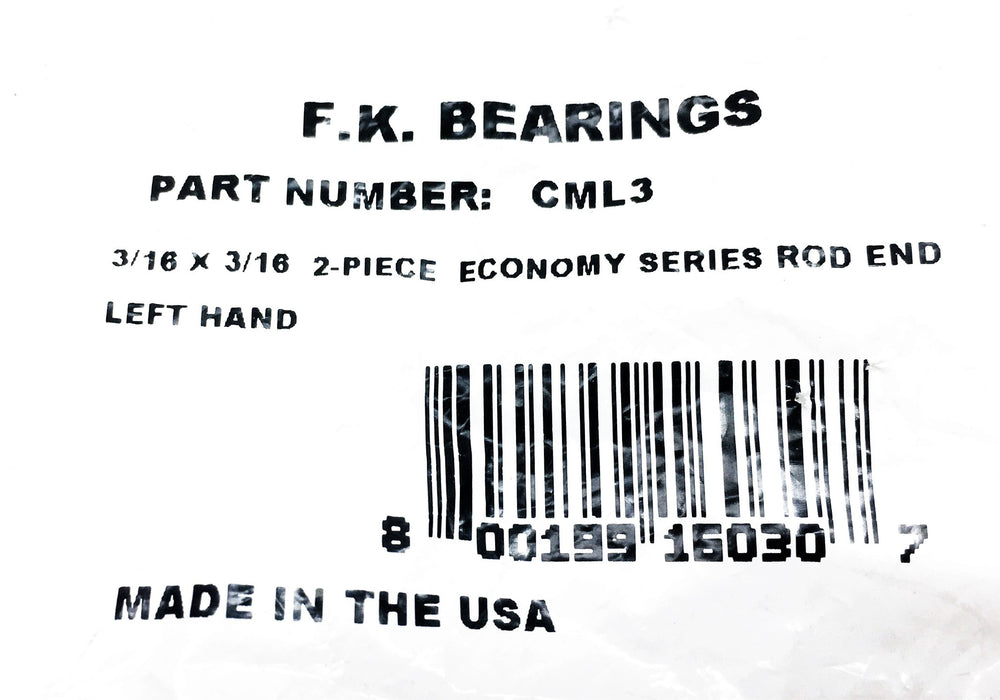 F.K. Bearings 3/16X3/16 Inch 2-Piece Economy Series Left Hand Rod End CML3 NOS