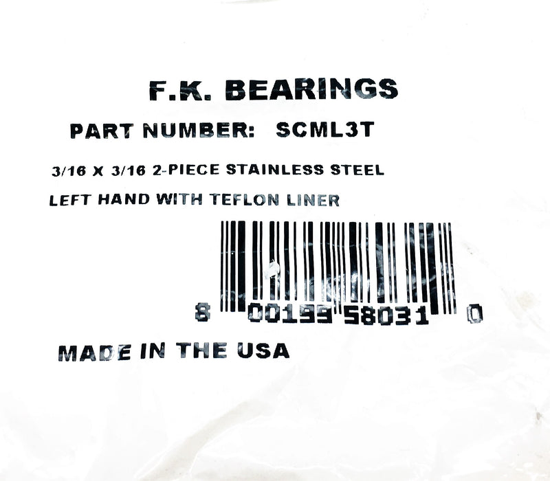 F.K. Bearings 3/16X3/16 Inch 2-Piece Economy Series Left Hand Rod End SCML3T NOS