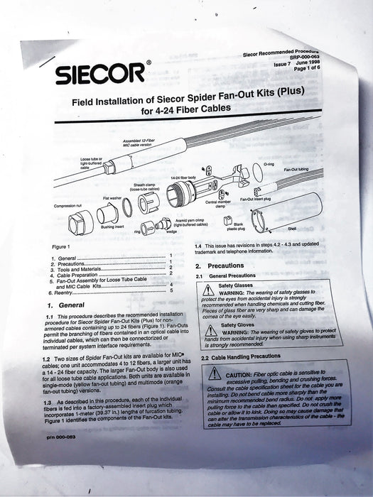 Siecor Corning 6 Fiber Spider Fan-Out Kit SFK-P-06-900-S NOS