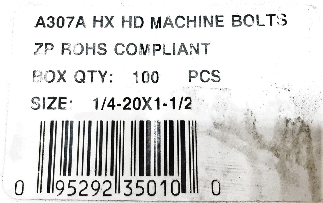 Pernos de máquina ZP de alta resistencia de 1/4-20 x 1-1/2" A307A (200 piezas) NOS