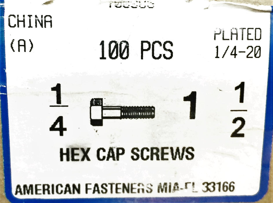 American Fasteners 1/4"-20 x 1-1/2" Zinc Plated Hex Cap Screw (100pcs) NOS
