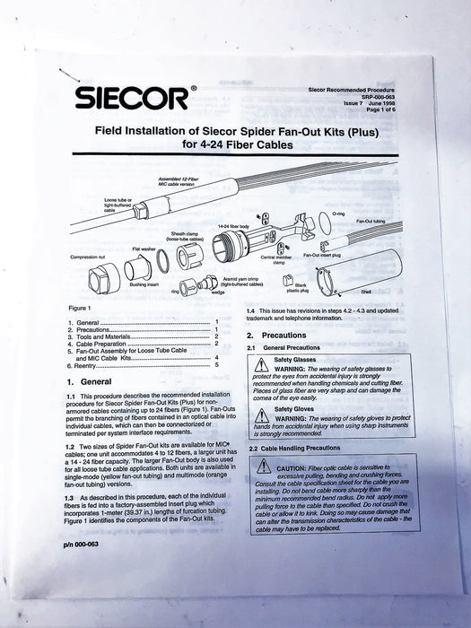 Siecor Corning 6 Fiber Spider Fan-Out Kit SFK-P-12-900-M NOS