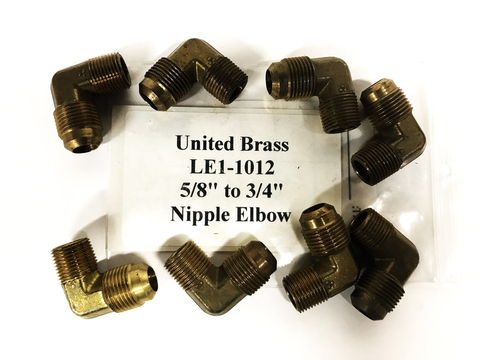 United Brass 3/8 inch to 1/2 inch Brass Nipple Elbow LE1-1012 [Lot OF 9] NOS