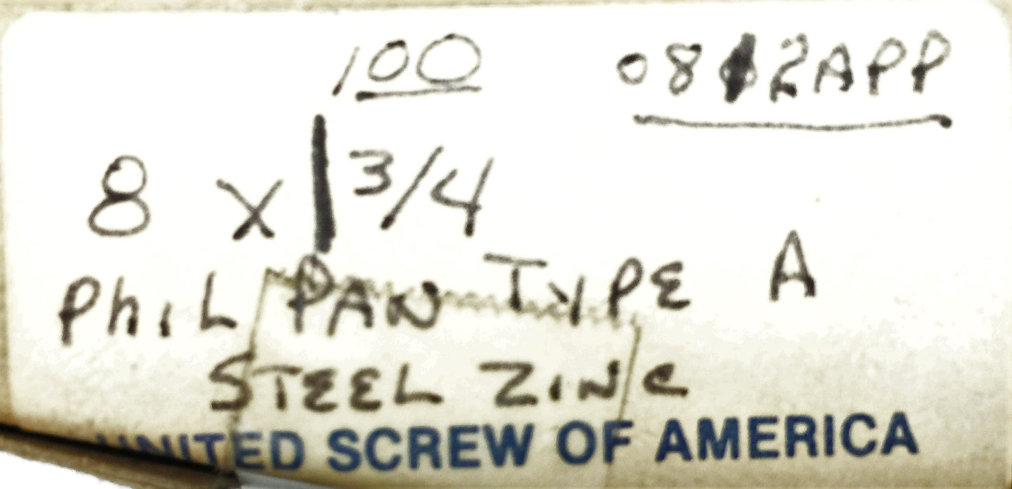 United Screw of America 8 X 1-3/4" Phillips Pan Steel Zinc 5305-83 (100pcs) NOS