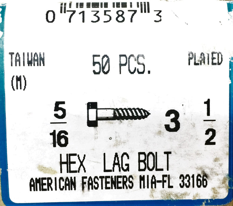 American Fasteners 5/16 X 3-1/2" Plated Hex Lag Bolt 713587 (50pcs) NOS