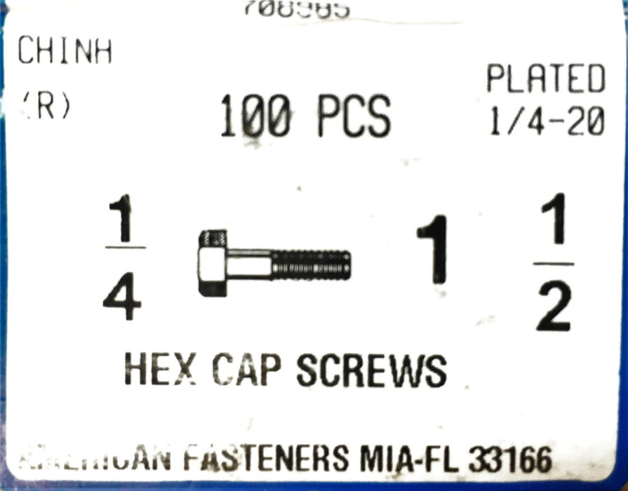American Fasteners 1/4-20 X 1-1/2" Plated Hex Cap Screws 708985 (100pc) NOS
