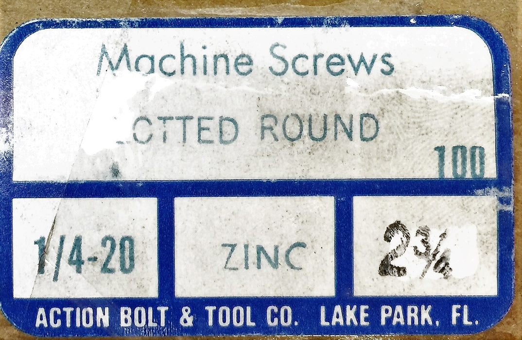 Action Bolt and Tool 1/4-20X2-3/4" Slotted Round Machine Screws Z/P (100pcs) NOS