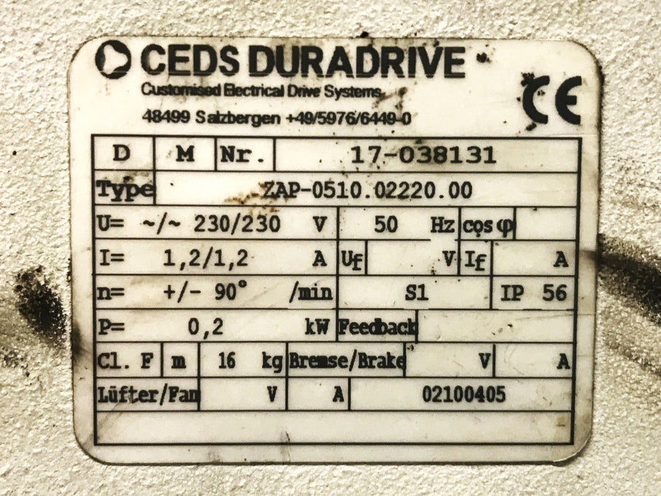 Ceds Duradrive Rotary Impulse Damper Motor ZAP-0510-0220.00 USED