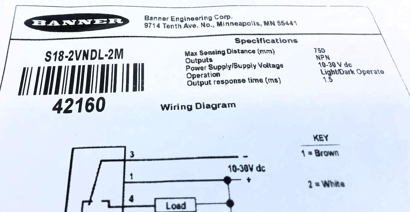 Banner Engineering Diffuse Optical Sensor S18-2VNDL-2M NOS