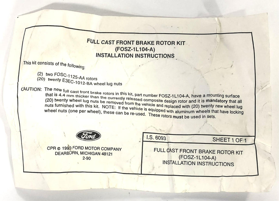 Ford OEM Front Disc Brake Rotor Kit FOSZ-1L104-A NOS