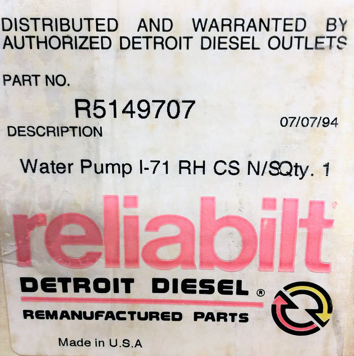 DETROIT DIESEL/RELIABILT I-71 Water Pump R5149707 REMANUFACTURED