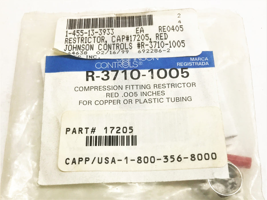 Johnson Controls Compression Fitting Restrictor R-3710-1005 [Lot of 3] NOS