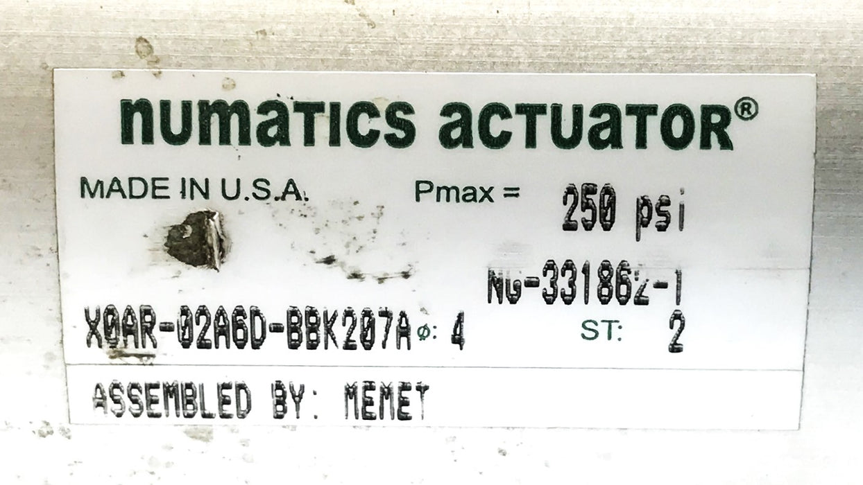 Numatics Actuator Cylinder X0AR-02A6D-BBK207A USED