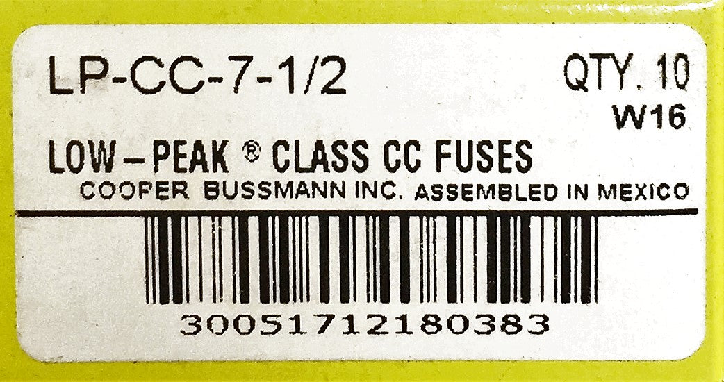 Bussmann Buss Low-Peak Class of CC Fuses LP-CC-7-1/2 (Pack of 10) NOS