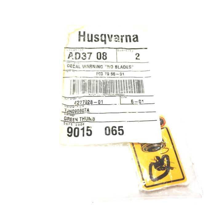 Husqvarna OEM No Blades Warning Decal 503795601 (5037956-01) [Lot of 2] NOS