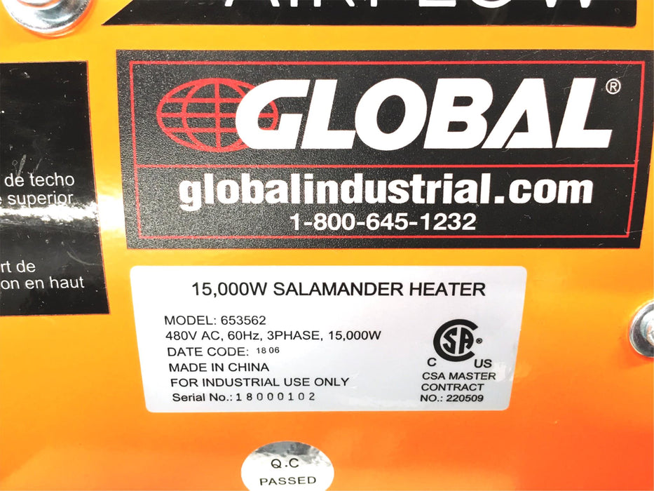 Global Industrial 15,000W 480V 3Phase Portable Salamander Heater 653562 USED