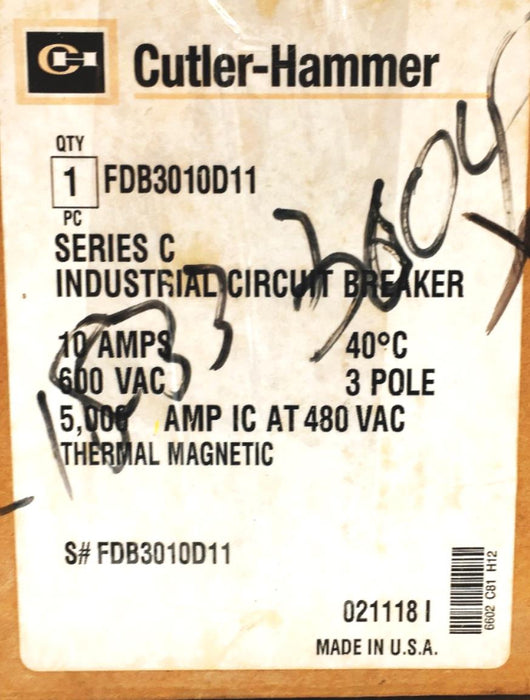Cutler-Hammer 10AMP 600VAC 3 Pole 40C Industrial Circuit Breaker FDB3010D11 NOS