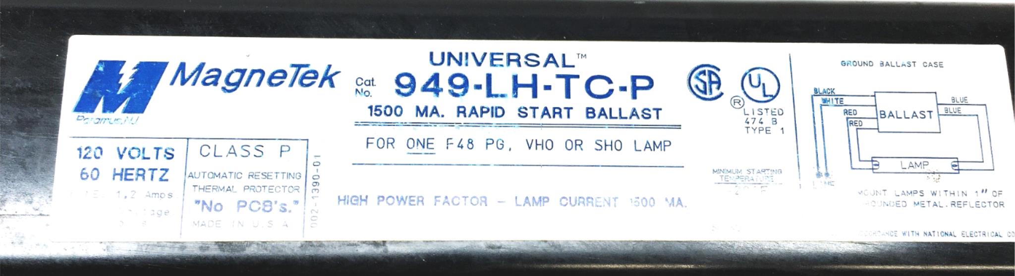 Magnetek Class P 120V 60Hz 1500 MA Rapid Start Ballast 949-LH-TC-P NOS