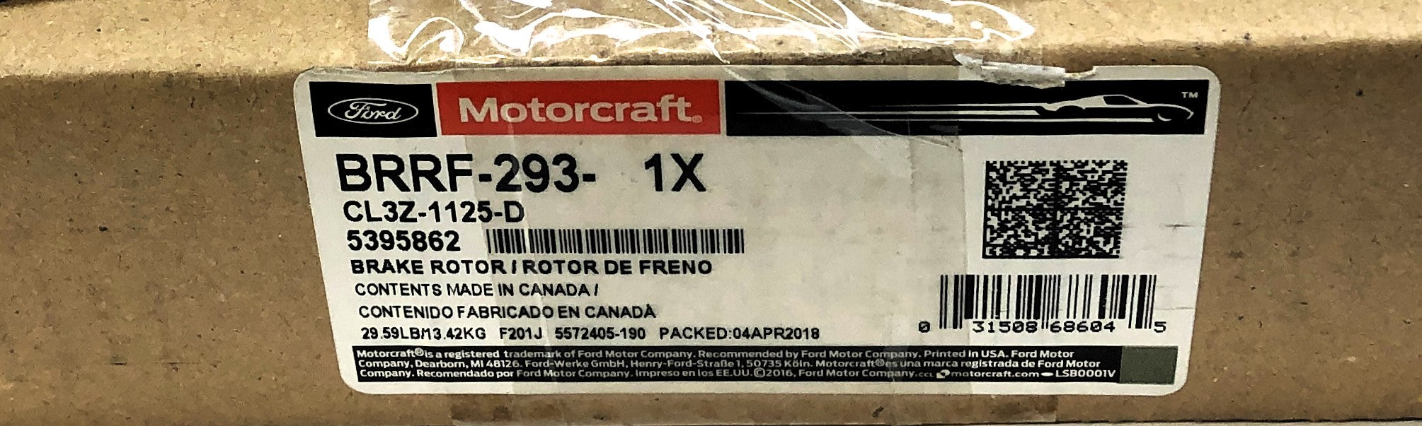 Kit de rotor de freno de disco Ford Motorcraft BRRF-293 (CL3Z-1125-D) NOS