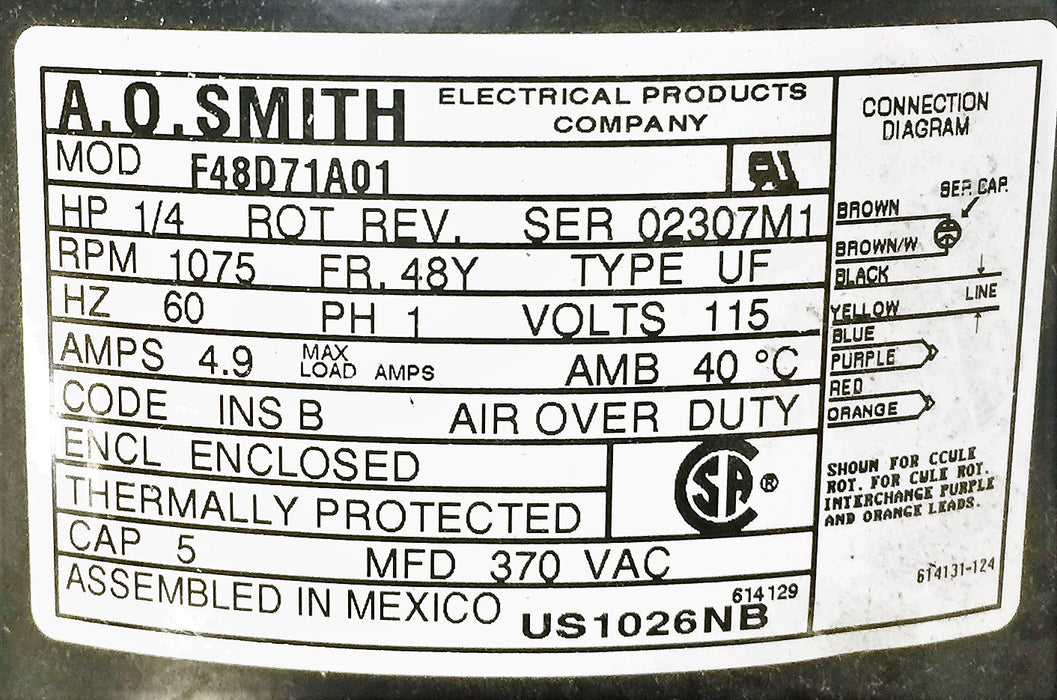 A.O. Smith 1/4hp 115V 1075RPM Motor US1026NB (F48D71A01) NOS