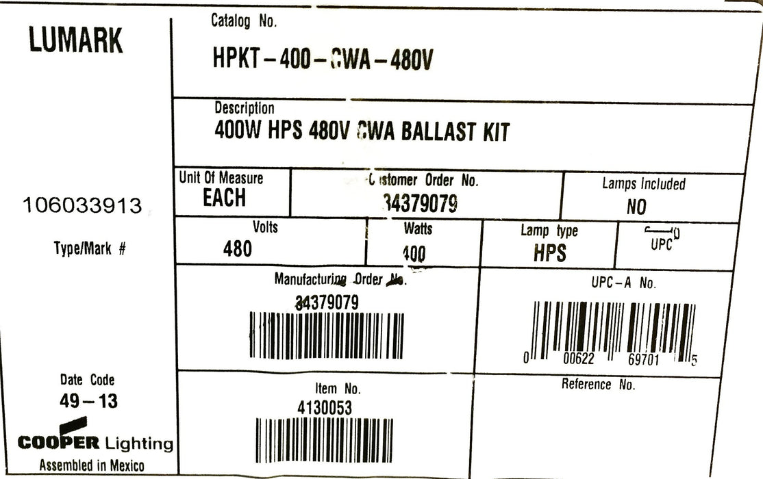 Cooper/Lumark High Pressure Sodium Ballast HPKT-400-CWA-480V NOS