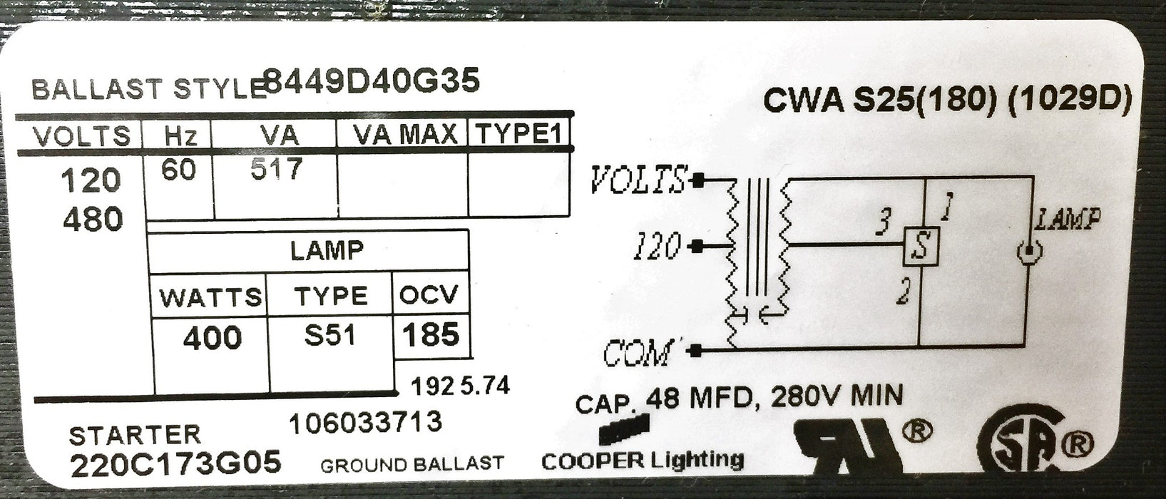 Cooper/Lumark High Pressure Sodium Ballast HPKT-400-CWA-480V NOS