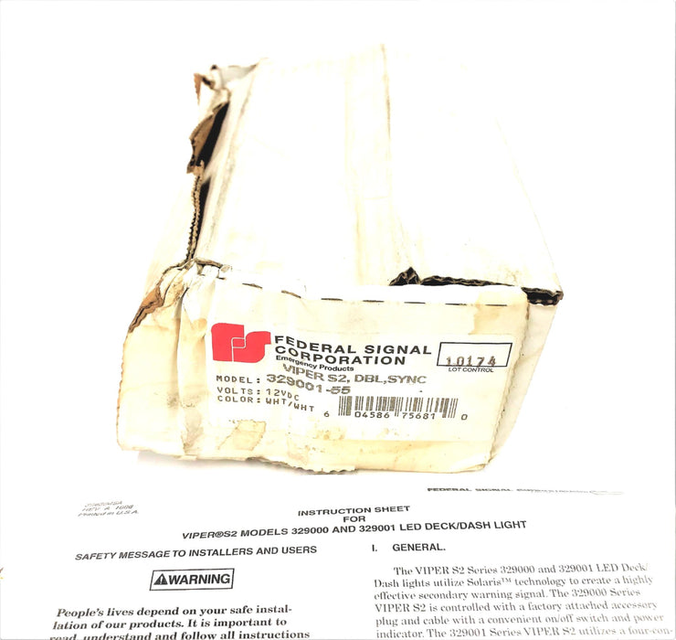 FEDERAL SIGNAL VIPER S2 12V EMERGENCY LIGHT WHITE/WHITE 329001-55 NOS
