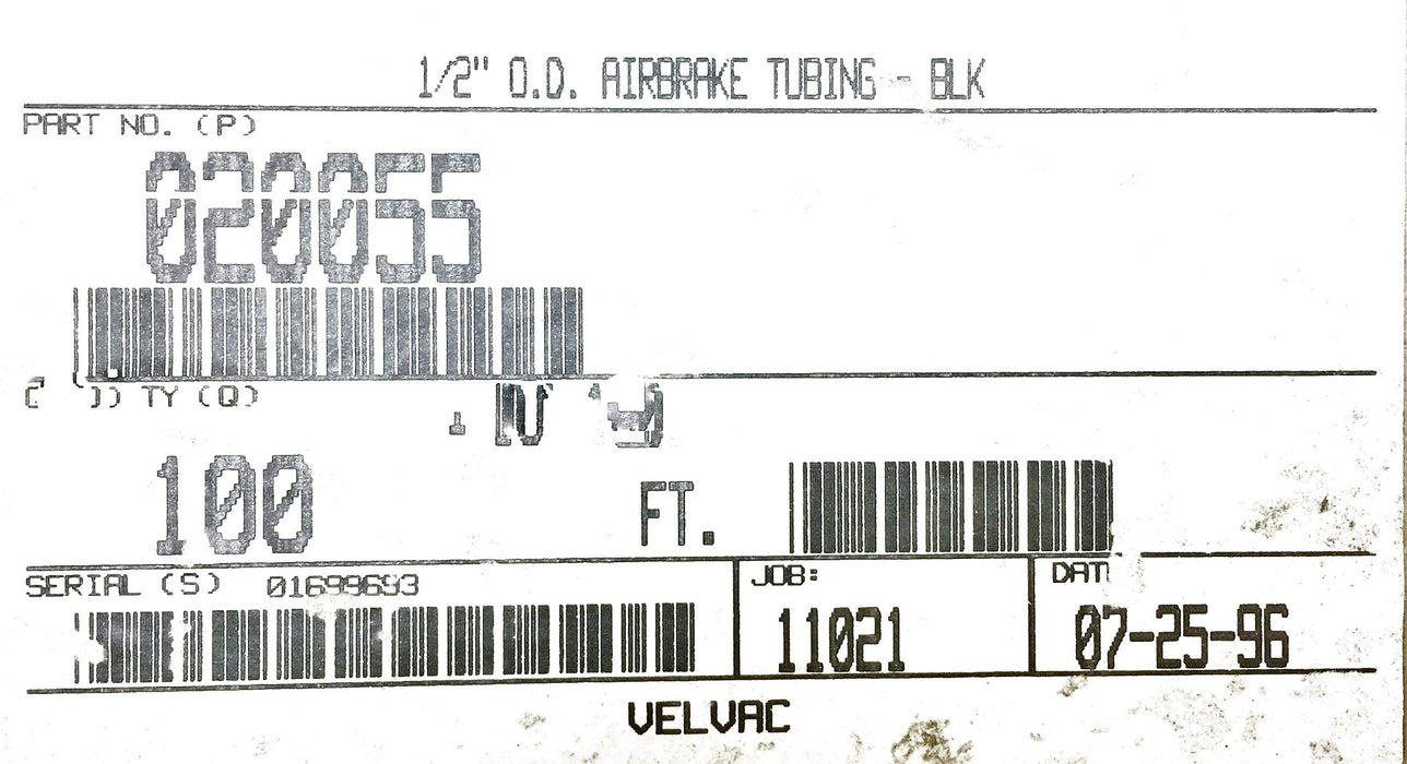Velvac 1/2" X 100' Black Nylon Air Hose Tubing 020055 NOS
