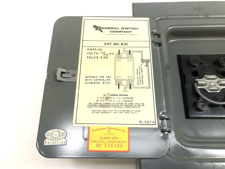 General Switch Company Pullout Fuse Panel Box 610 NOS