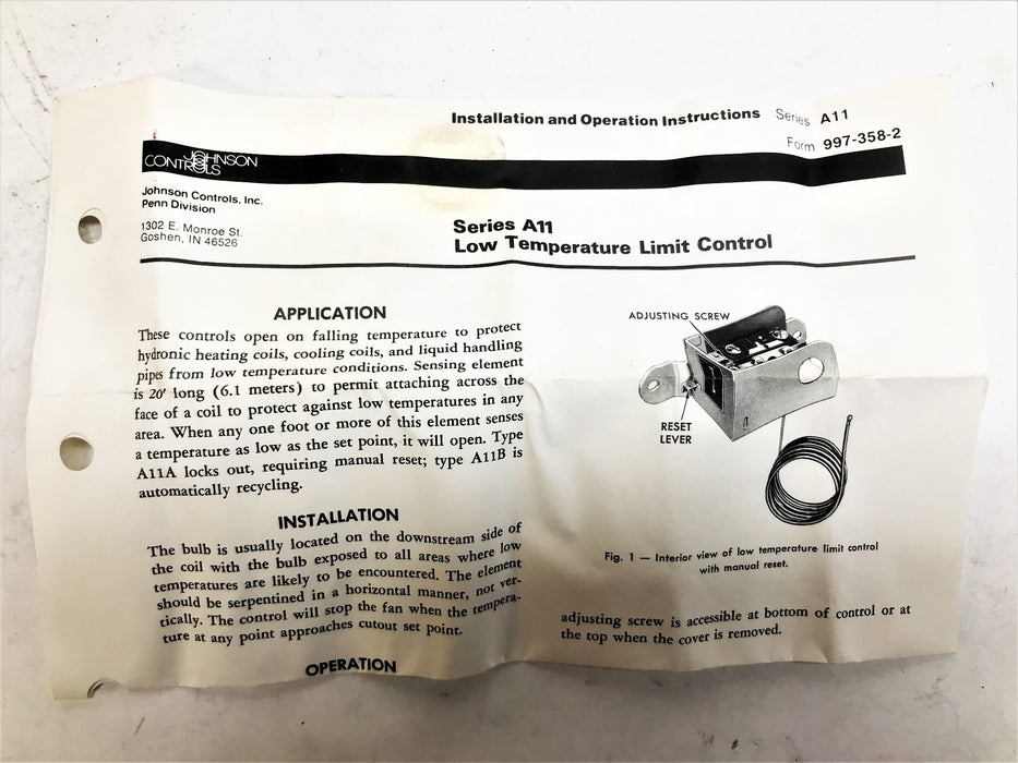 Johnson Controls Low Temperature Limit Control Series A11 NOS