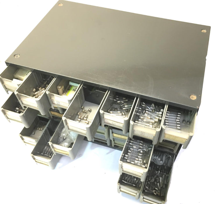 STEEL PARTS CASE W/ 28 PARTITIONED TRAYS, FILLED WITH HUNDREDS OF FUSES INCLUDED