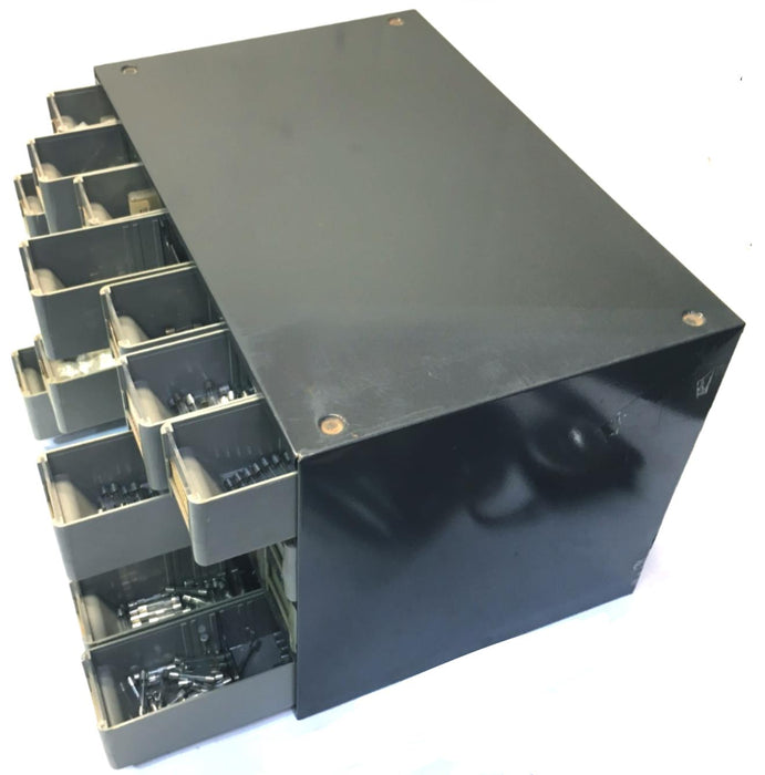STEEL PARTS CASE W/ 28 PARTITIONED TRAYS, FILLED WITH HUNDREDS OF FUSES INCLUDED
