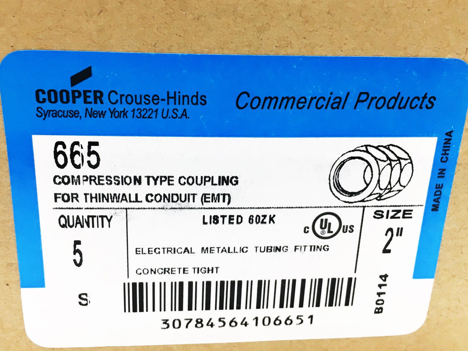 Cooper Crouse-Hinds 5 Piece Set 2In EMT 60ZK Compression Type Coupling 665 NOS