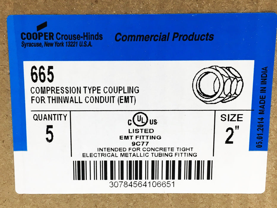 Cooper Crouse-Hinds 5 Piece Set 2In EMT 9C77 Compression Type Coupling 665 NOS