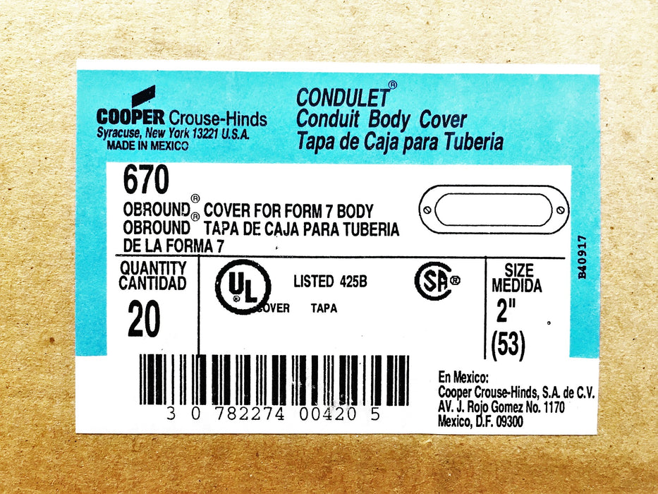 Cooper Crouse-Hinds Obround 2In (53) 425B Form 7 Body Cover 670 [Lot of 5] NOS