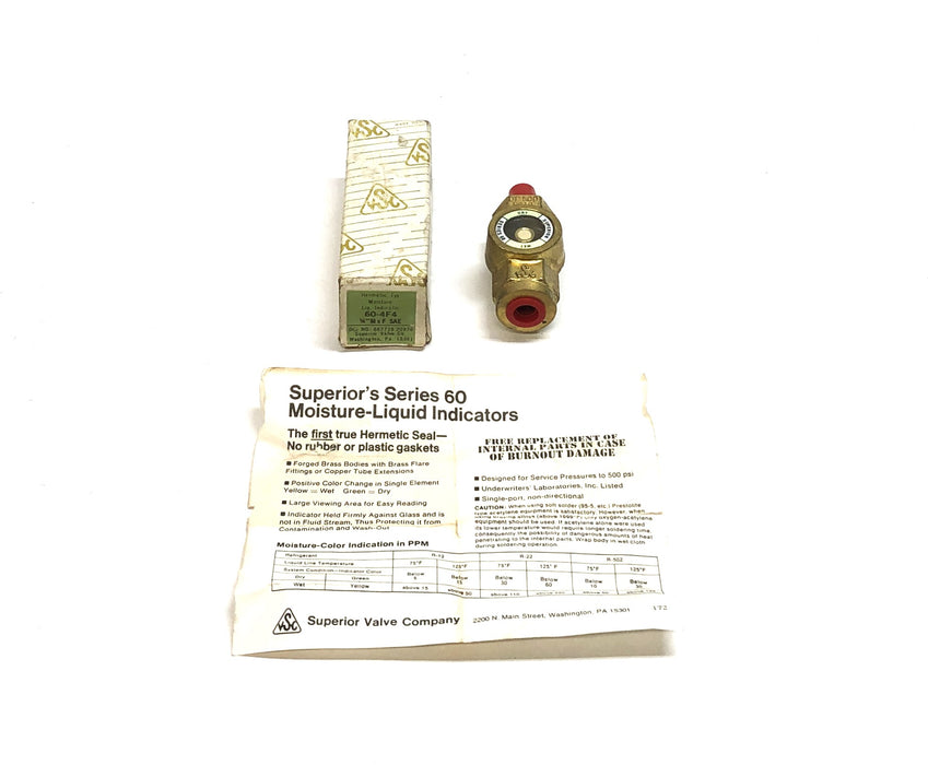 Superior Valve Co. Series 60 Hermetic Eye Moisture Liquid Indicator 60-4F4 NOS