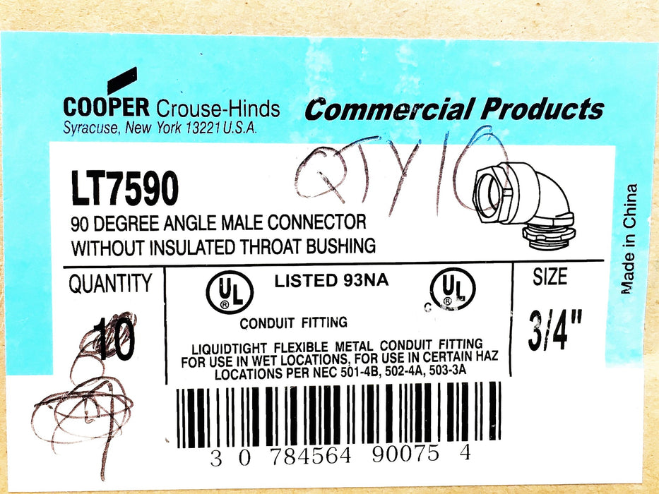 Cooper Crouse-Hinds 3/4In 90 Degree Angle Male Connector LT7590 [Lot of 3] NOS