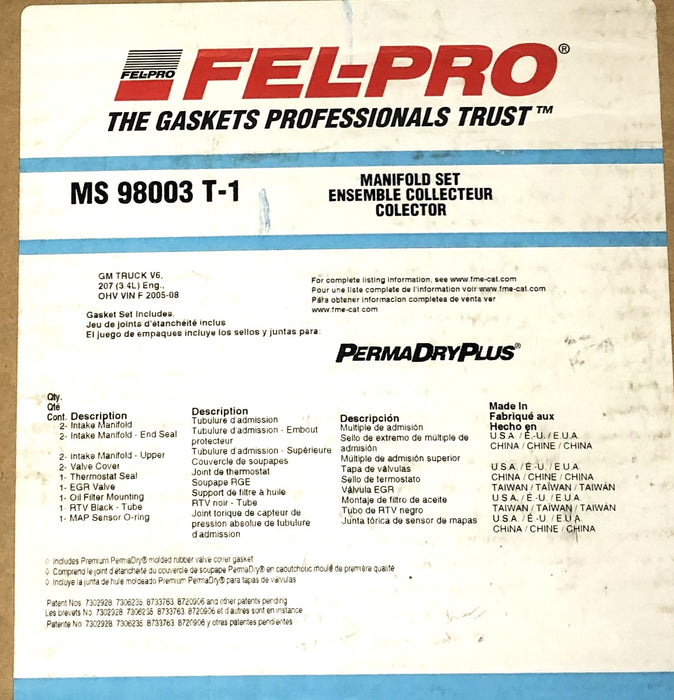Fel-Pro Intake Manifold Gasket Set MS98003T-1 NOS