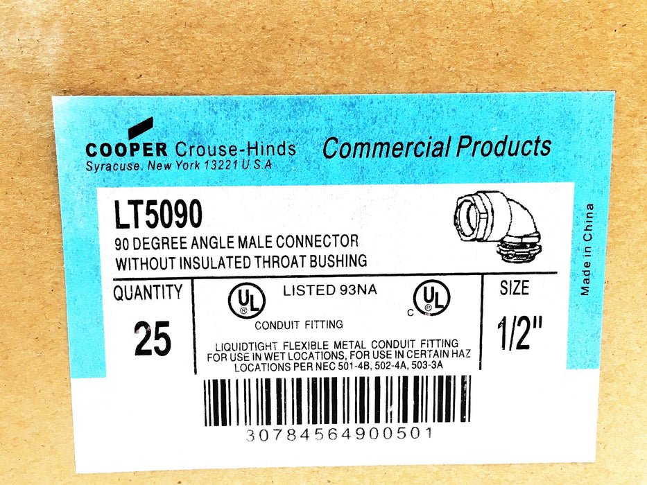 Cooper Crouse-Hinds 25 Piece Set 1/2In 90 Degree Angle Male Connector LT5090 NOS