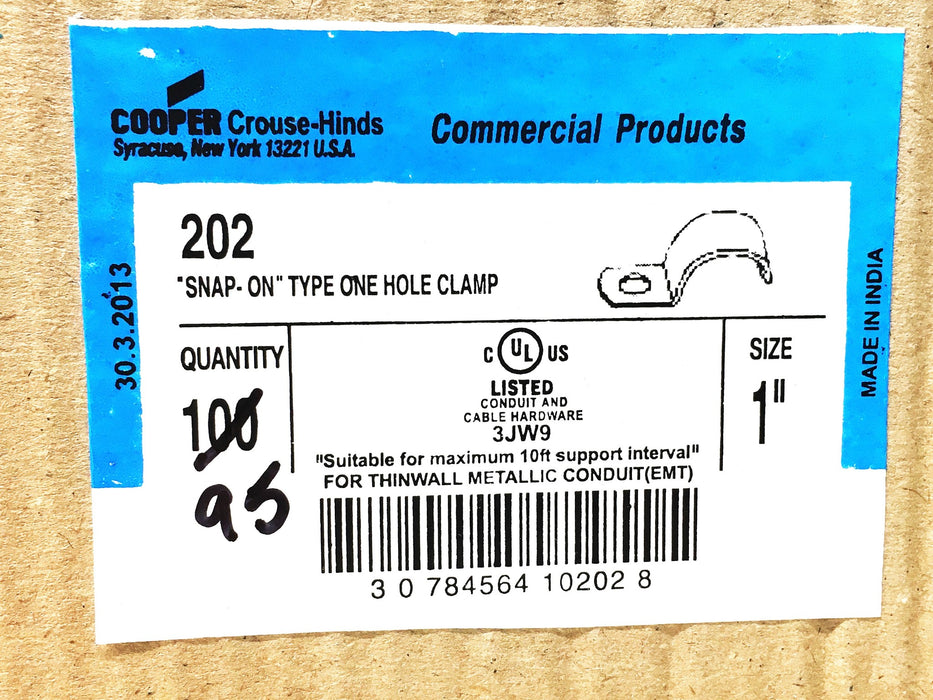 Cooper Crouse-Hinds 1in EMT Snap-On type One-Hole Clamp 202 [Lot of 95] NOS